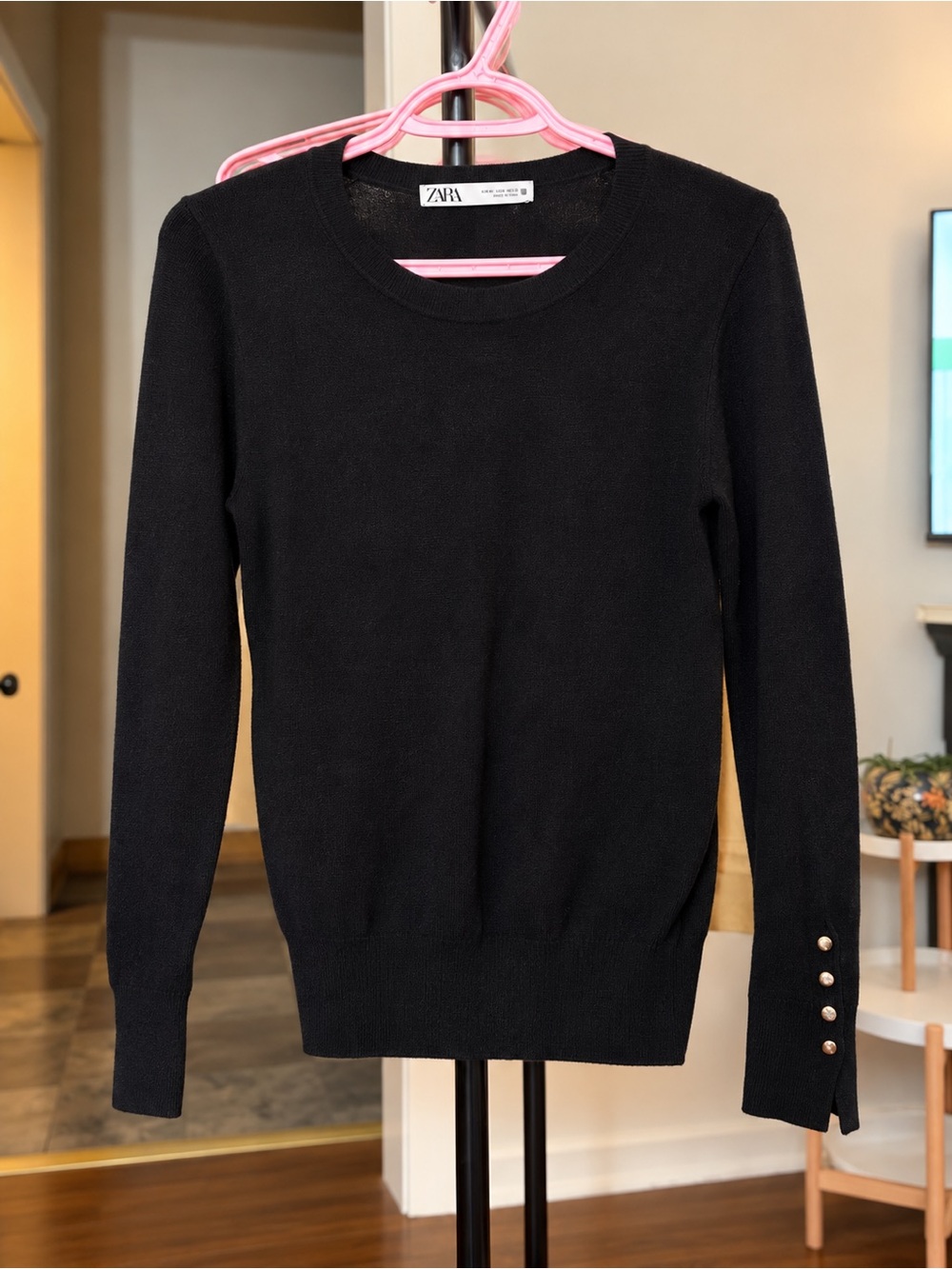 Zara Black Crewneck Sweater with Gold Cuff Buttons